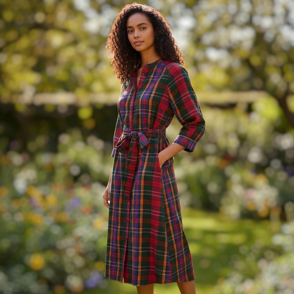 Sunshine Tienda Que Paso Plaid Tejate Dress Belted Midi Cotton NWT Small Women's